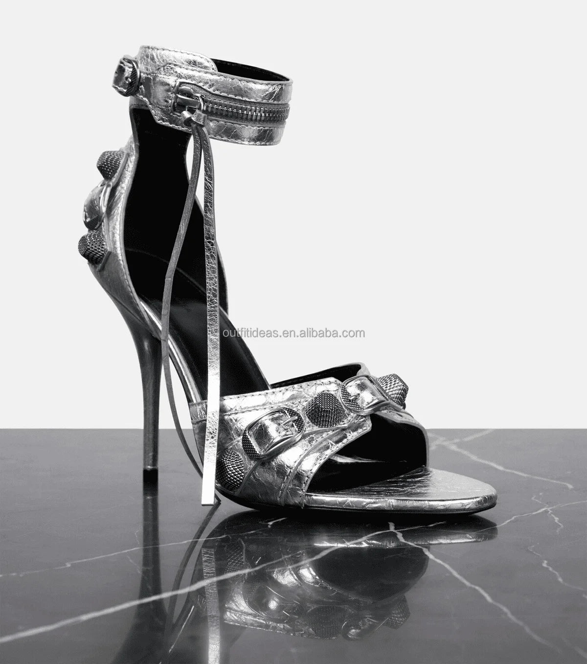Top Quality Studded Decorative Buckle Tasseled Zip Designs Calf Leather Ankle Strap Cagole Embellished 110mm Leather Sandals