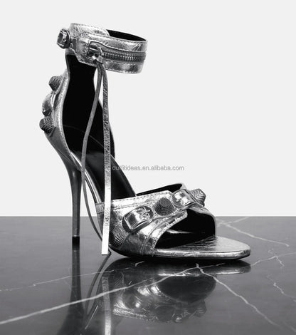 Top Quality Studded Decorative Buckle Tasseled Zip Designs Calf Leather Ankle Strap Cagole Embellished 110mm Leather Sandals