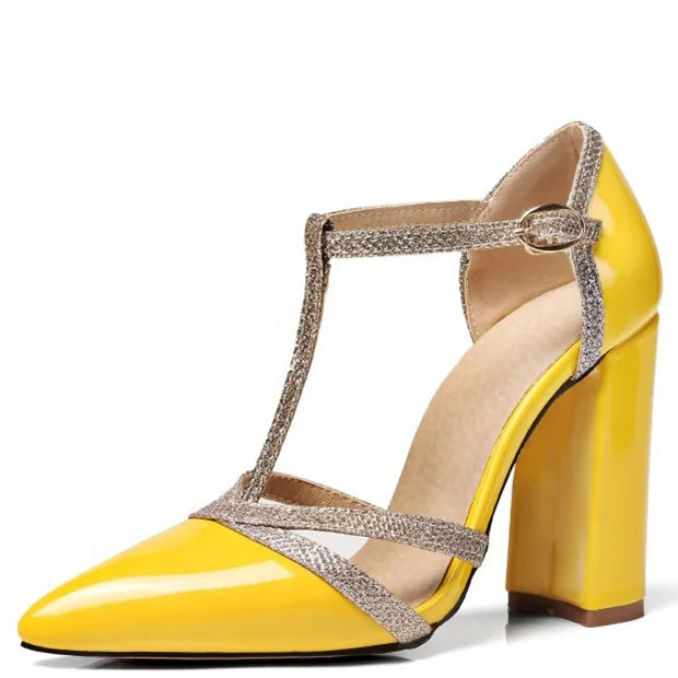Big Size 47 Patent Leather Women Block High Heels Shoes for Evening Fetish Multi-colors Pointed Toe Pumps T-strap Sandals Ladies