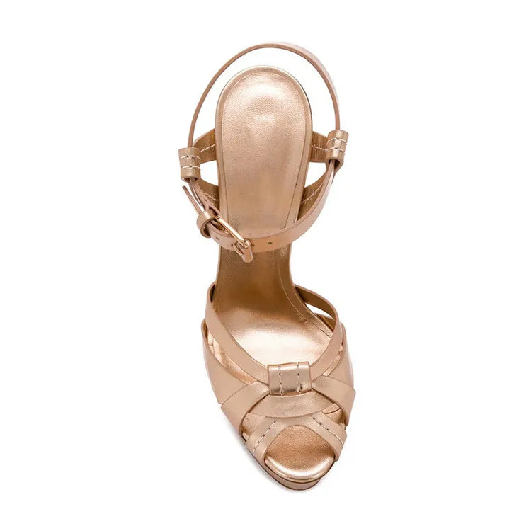 Ladies Crisscross Stiletto Heel Platform High Heels Gold PU Leather Ankle Strap Sexy Button Fashionable Summer Party Sandals