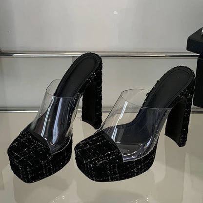 2025 Women's High-Heeled Grid Design Sandals with Anti-Slip Transparent Tape Anti-Slip Slippers Wedges