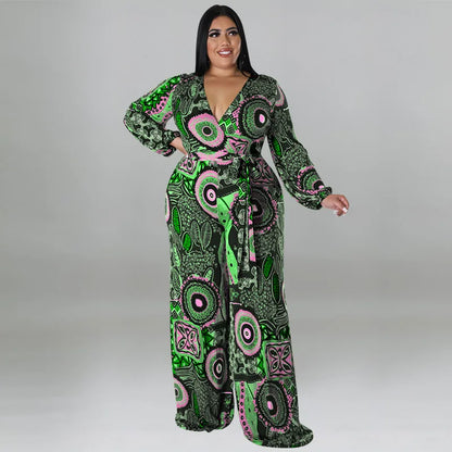 BH784 Combinaison-Pantalon Imprimée Ample Col V Grande Taille 100% Polyester Tendance Automne Hiver pour Femme
