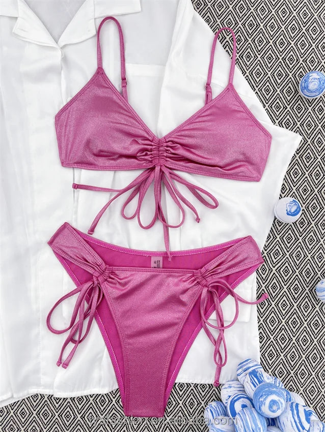 2024 Fashion Young Reflective Sexy Bikini 2 Piece Bandage Pink Beachwear Swimwear