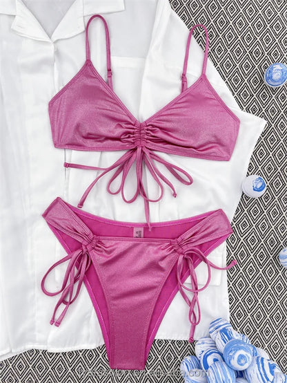 2024 Fashion Young Reflective Sexy Bikini 2 Piece Bandage Pink Beachwear Swimwear