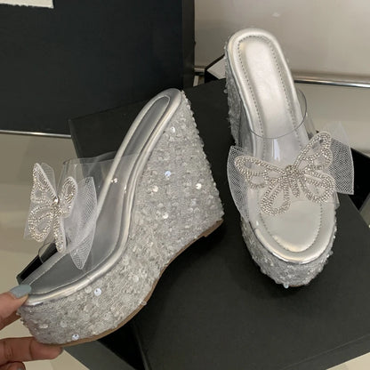2025 New  Summer Fashion Bow Shining Sandals TPU Casual Slope Heel Slippers Ultra High Heels