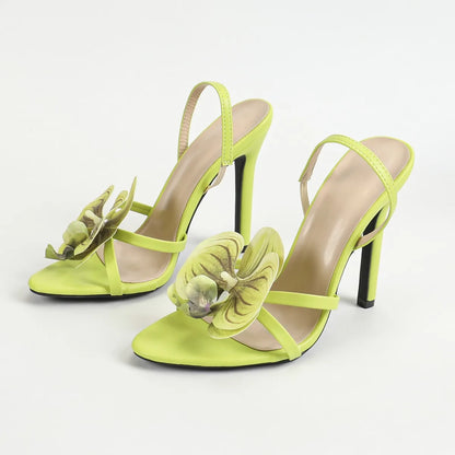 Women's Three-dimensional Floral Decoration Summer High Heel Sandals Toe Stiletto Heel Ankle Strap Fashion Party Dress Shoes