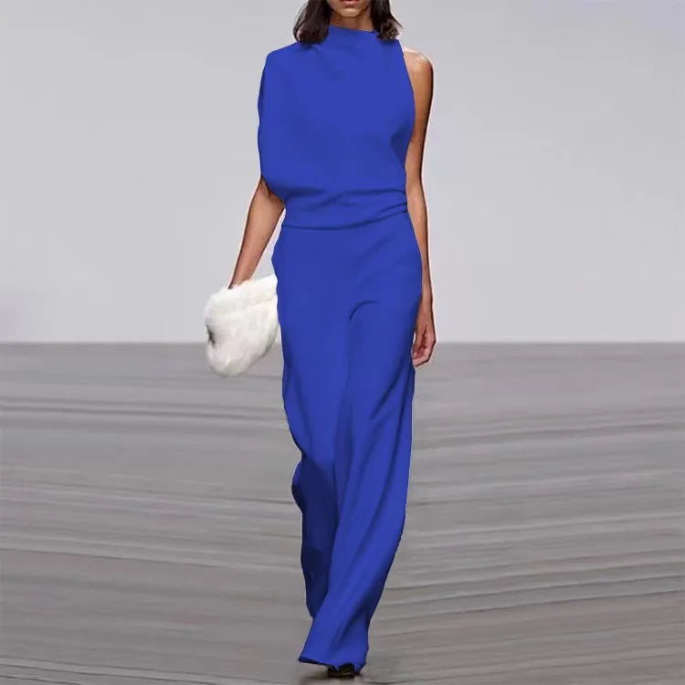 S-3XL New European Solid Shoulder Stacked Neck Jumpsuit Dress Pants