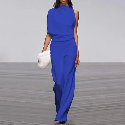 S-3XL New European Solid Shoulder Stacked Neck Jumpsuit Dress Pants