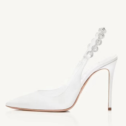 Grandes Chaussures Femme Sandales à Talons Hauts Taille 45 Bout Pointu Chaîne Strass Sangle Arrière Grandes Pointures Stiletto Slingback