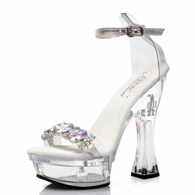 Strass Pantoletten mit Chunky Heel in Übergröße 14 cm Kristall Strass Offene Spitze Gothic Sexy Fetisch Elegant