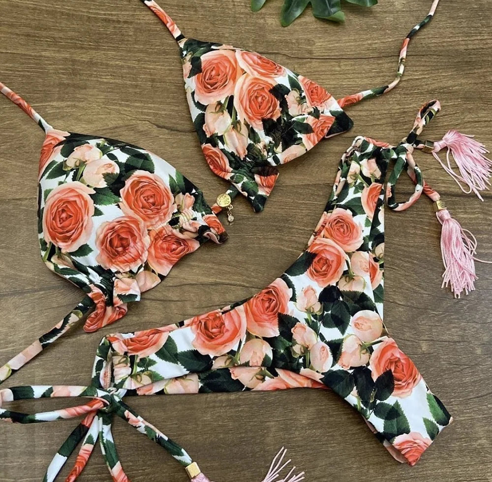 RUOTONGSEPT Sexy Micro Bikinis Set 2024 New Swimsuit Women Feather Print Bandage Swimwear Female Bathing Suit Brazilian Biquinis