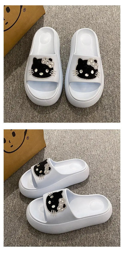 2025 Summer Fashion Sandals KT Cat Cartoon Design One-Word Non-Slip TPR for Slippers Height Increasing Autumn Fashion Trend