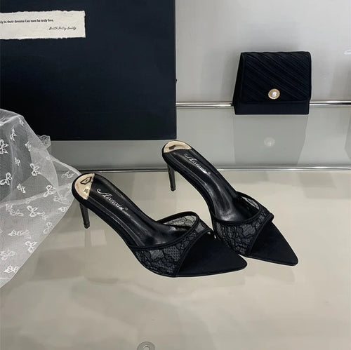 2025 Lace White Heels Hollow Mesh Sexy Feminine Sandals Summer Women's Wedding Shoes Slippers