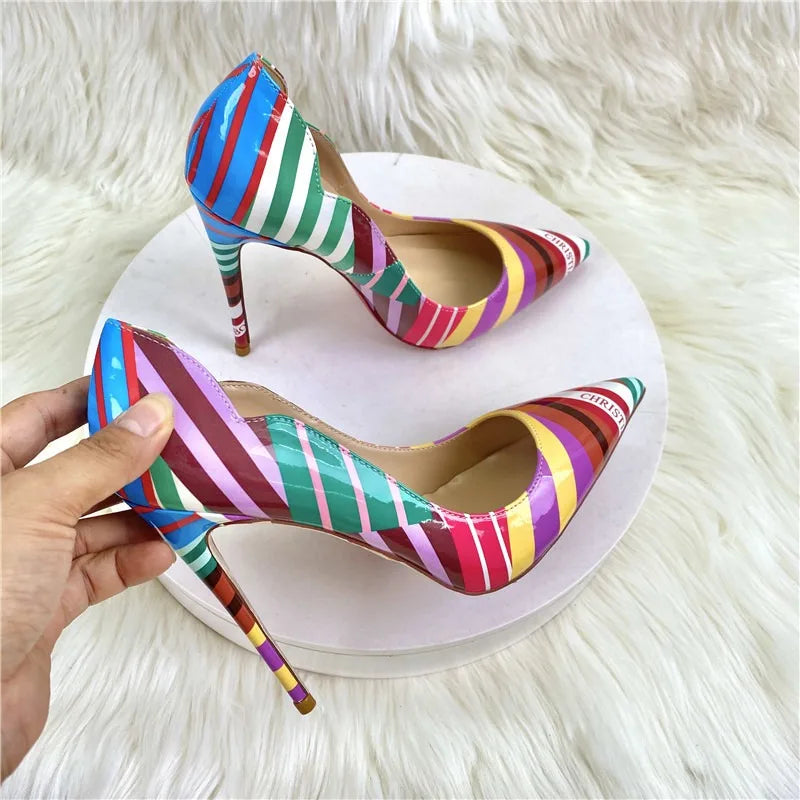 Luxury Women's  High Heels Graffiti Pointed Pump Design Mixed Colors Slip-On Closure Street Sandals for Summer