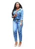 Lässiger Damen-Jeans-Overall in langer Ausführung mit hoher Taille und Strickgewebe, Bleistifthose und langen Ärmeln