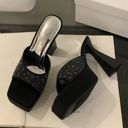 2025 Summer New Glitter Fish Mouth Slippers Black Fashion Thick Heel Waterproof Platform Sandals High Heels Slippers