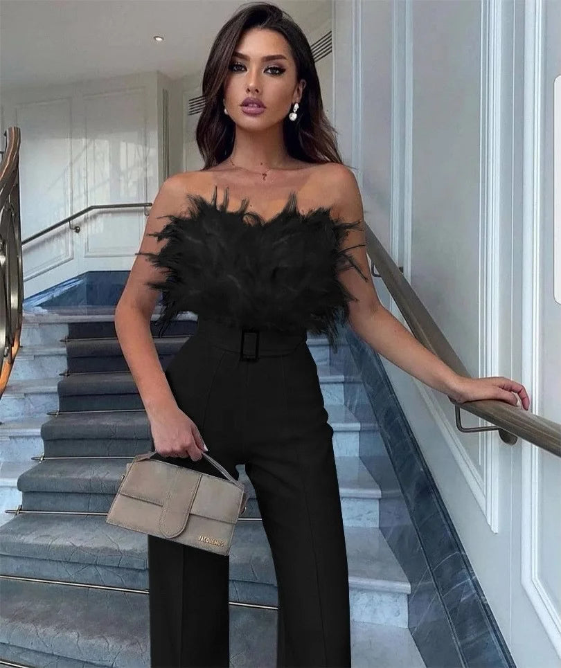 Liu Ming Modischer, sexy trägerloser Feder-Playsuit mit hoher Taille Damen-Jumpsuit