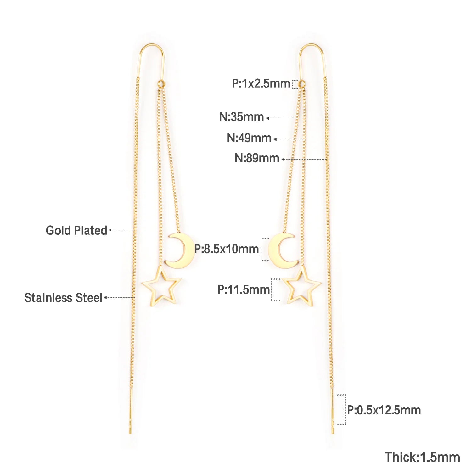 LUXUSTEEL 2021 Stella Luna Orecchini a pendaglio per le donne Stile alla moda Colore oro Acciaio inossidabile Orecchino a catena lunga Brinco Party