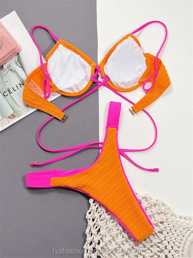 Zweiteiliger Custom Mini Micro Sexy Rib-Bikini mit Bügeln, Bandage, Tanga, Bademode aus Spandex mit Scrunch Butt Push-up für den Strand