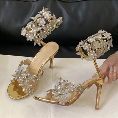 Customized Women's High Heel Peep Toe Ankle Strap Sandals Sparkling Crystal Butterfly Design Fashion Trend for Summer Parties