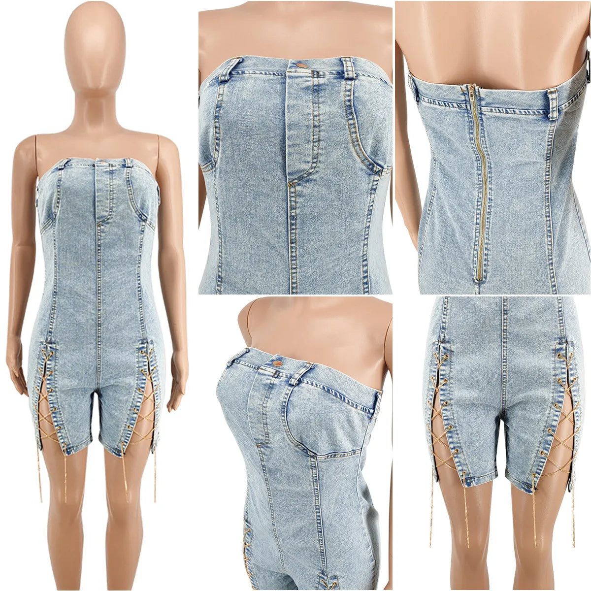 Y218117 High Quality Summer Jeans Jumpsuits Women Copper Chains Hollow Out Strapless Jeans Rompers Denim Jumpsuit for Women