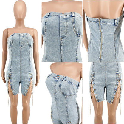 Y218117 High Quality Summer Jeans Jumpsuits Women Copper Chains Hollow Out Strapless Jeans Rompers Denim Jumpsuit for Women