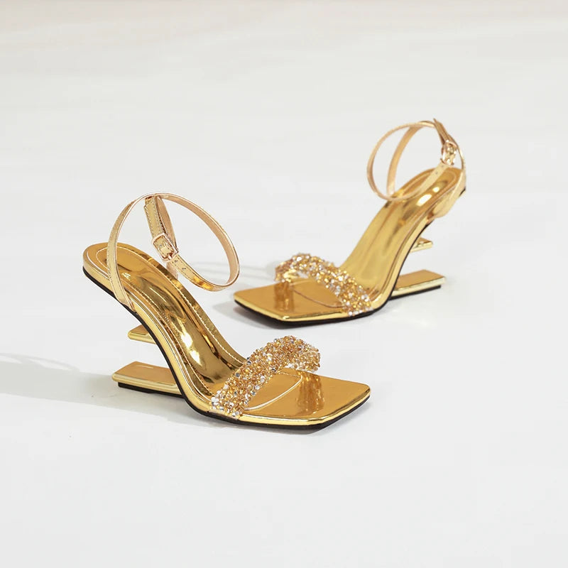 Strass Sandalen Gold Geformter Absatz Pantoffeln Damen Silber Party Kleid Mules 2025 Sommer High Heels