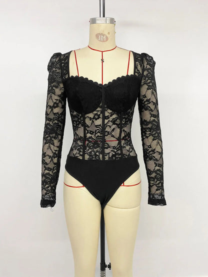 B9322-2026 Fashion Elegant square Neck Long Sleeve Skinny Above Knee Lace Solid Color Jumpsuit for Women Bodysuit