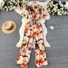 ANSZKTN Women's Summer Pant Set Short Sleeved Lattice Shirt Loose Wide-leg Trousers Printed High Waist Suit Jumpsuit