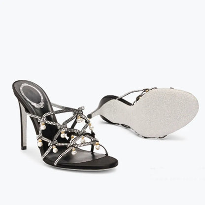 Sandales à talons hauts et fins pour femmes, chaussures d'été à lanières croisées avec strass, mules à talons aiguilles et perles.