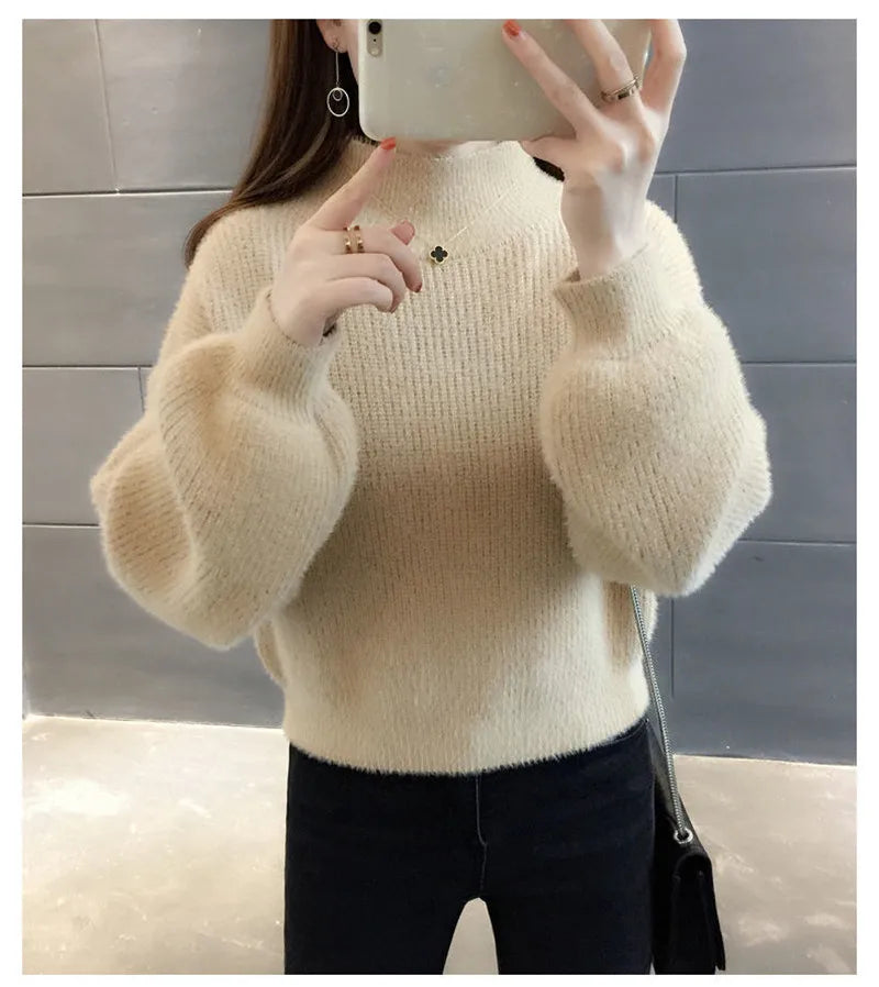 Autunno/Inverno Donna Maglione Pullover Nuovo Mezza Dolcevita Manica Lanterna Maglione Corto Imitazione Visone Pile Maglia Maglione Top