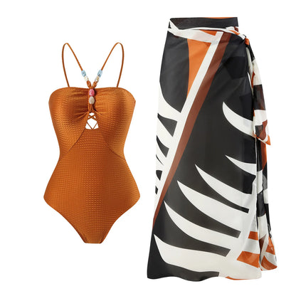 Sexy Bikini Set Women Luxury Beading Swimwear Hollow Out Swimsuit Two-pieces Halter Beachwear Bathing Suit With Cover up Skirt