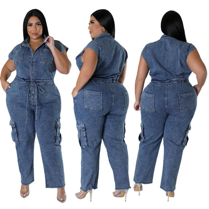6983 Printemps Décontracté Col rabattu Sans manches Poche Ceinture Combinaison en jean coupe droite et ample Toile Lavé Séchage rapide