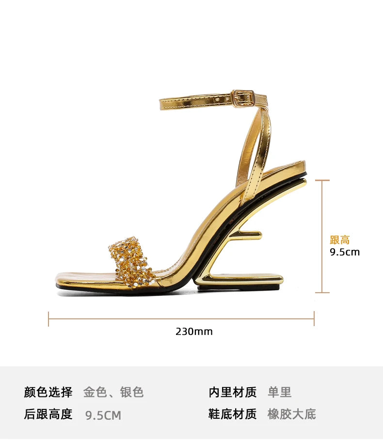 Strass Sandalen Gold Geformter Absatz Pantoffeln Damen Silber Party Kleid Mules 2025 Sommer High Heels