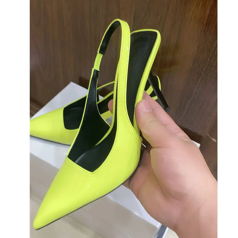 2025 Summer New High Quality Pointed Green Pink Stiletto High Heels Back Empty Women's Solid Color Elegant Sandals