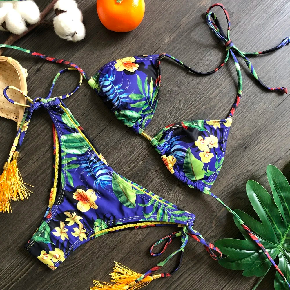 RUOTONGSEPT Sexy Micro Bikinis Set 2024 New Swimsuit Women Feather Print Bandage Swimwear Female Bathing Suit Brazilian Biquinis