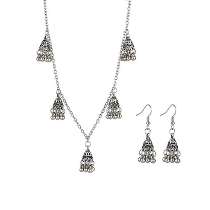 Boucles d'oreilles cloches de couleur argentées pour femmes indiennes/Ensemble collier bijoux de mariage Pendentifs boucles d'oreilles Jhumka de Bohème