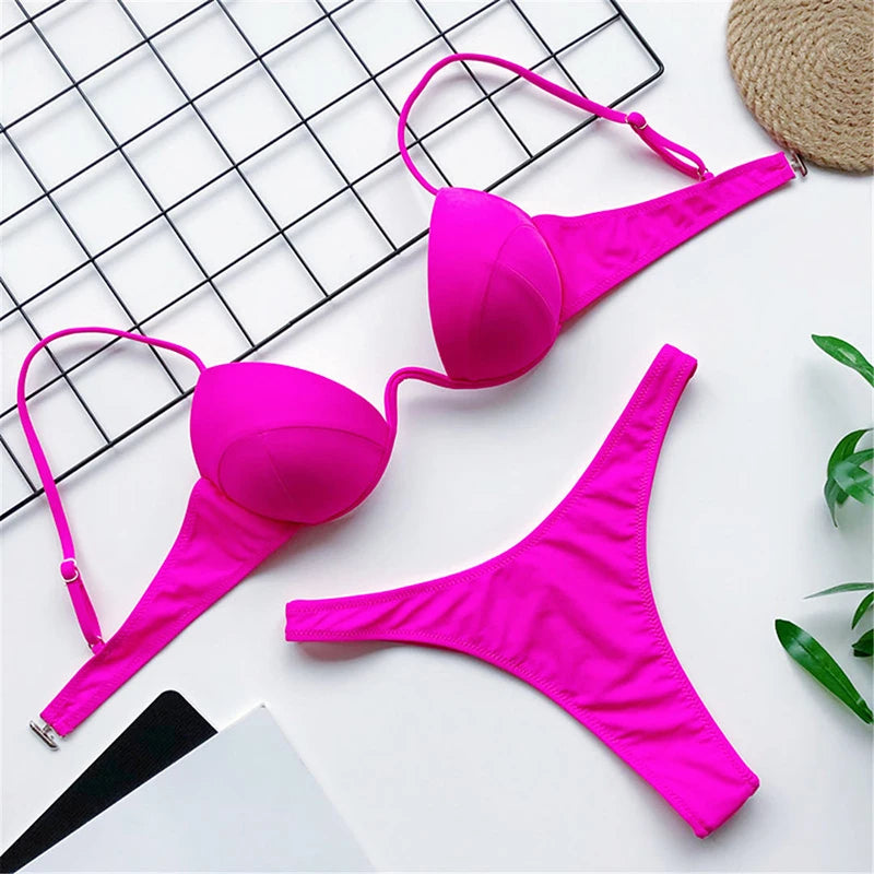 New Sexy V-bar Underwired Bra Push up Bikini Women Swimwear Female Swimsuit Two-pieces Set V Wire Bather Bathing Suit Swim