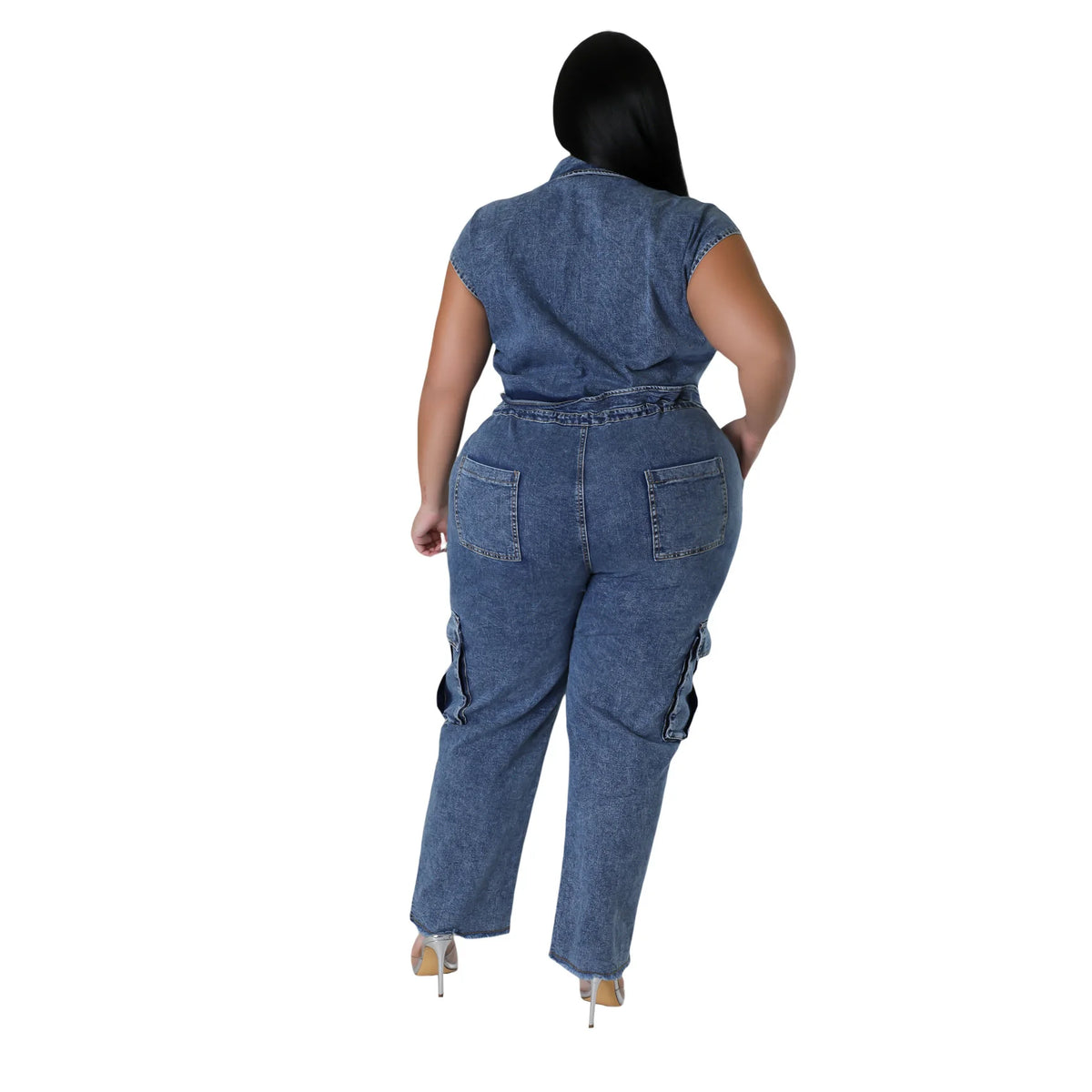 6983 Printemps Décontracté Col rabattu Sans manches Poche Ceinture Combinaison en jean coupe droite et ample Toile Lavé Séchage rapide