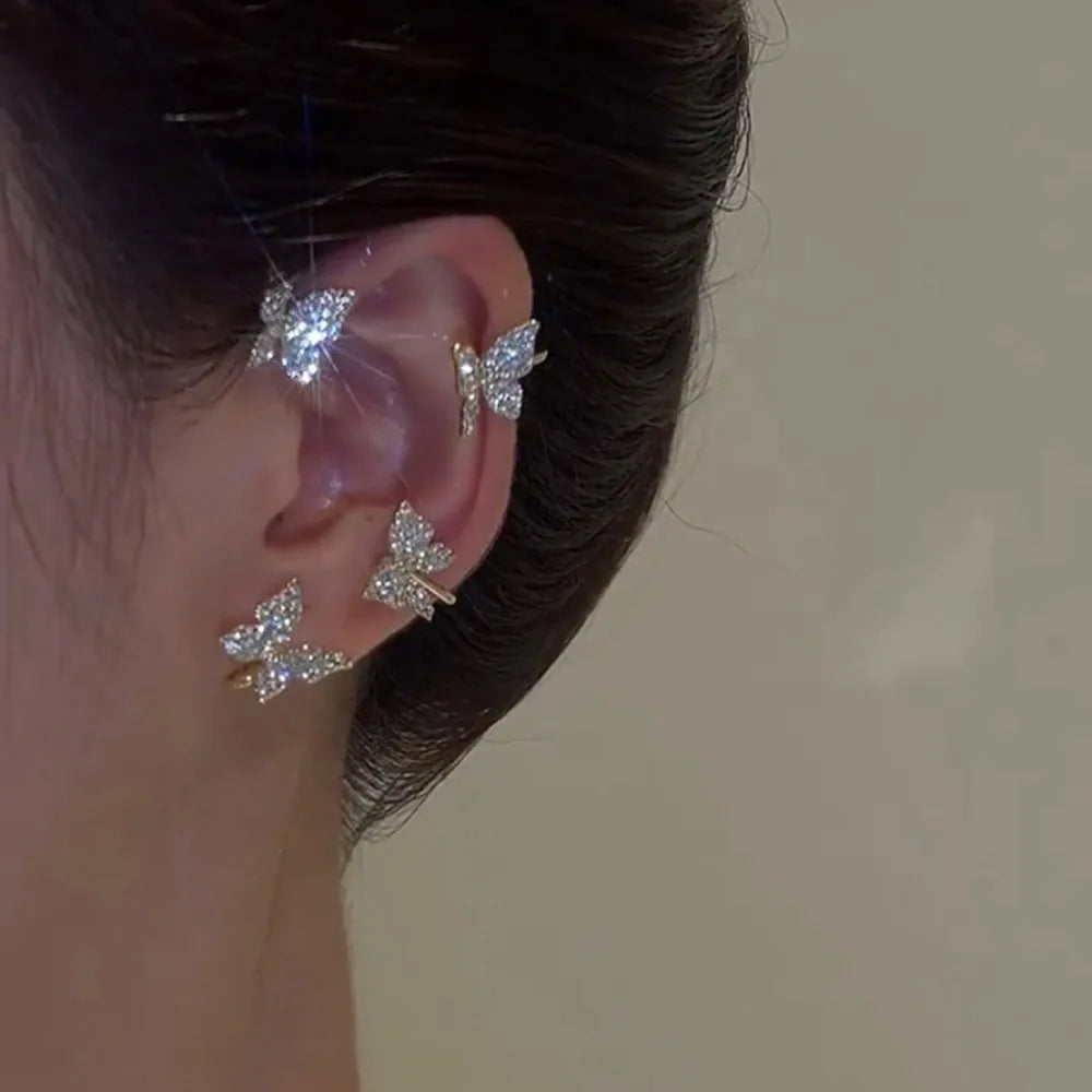 Orecchini a Clip a farfalla con foglia di metallo placcato argento per orecchini da donna senza Piercing gioielli di moda con polsino dell'orecchio in zircone scintillante