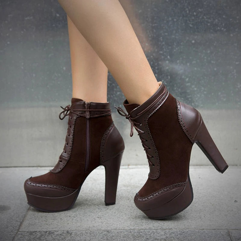 REAVE CAT Ankle Boots Lace Up Flock Platforms Round Toe Block Heel Short Plush Black Yellow Grey A4506