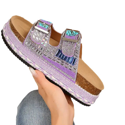 New Summer Flat Sandals Thick Bottom Hemp Rope Double Button Water Diamond Cork Beach Slippers Large Women's Slippers