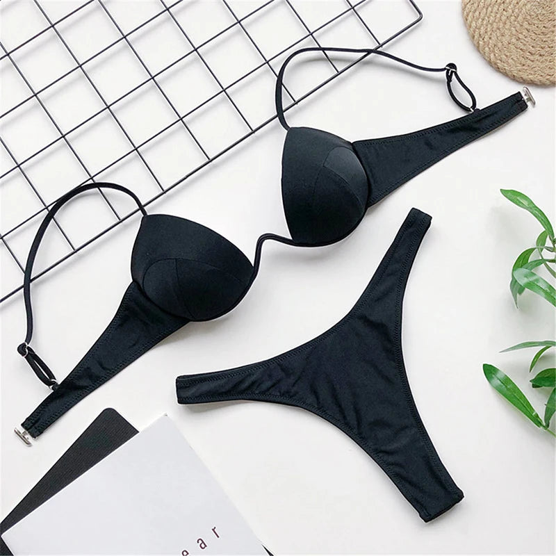 New Sexy V-bar Underwired Bra Push up Bikini Women Swimwear Female Swimsuit Two-pieces Set V Wire Bather Bathing Suit Swim