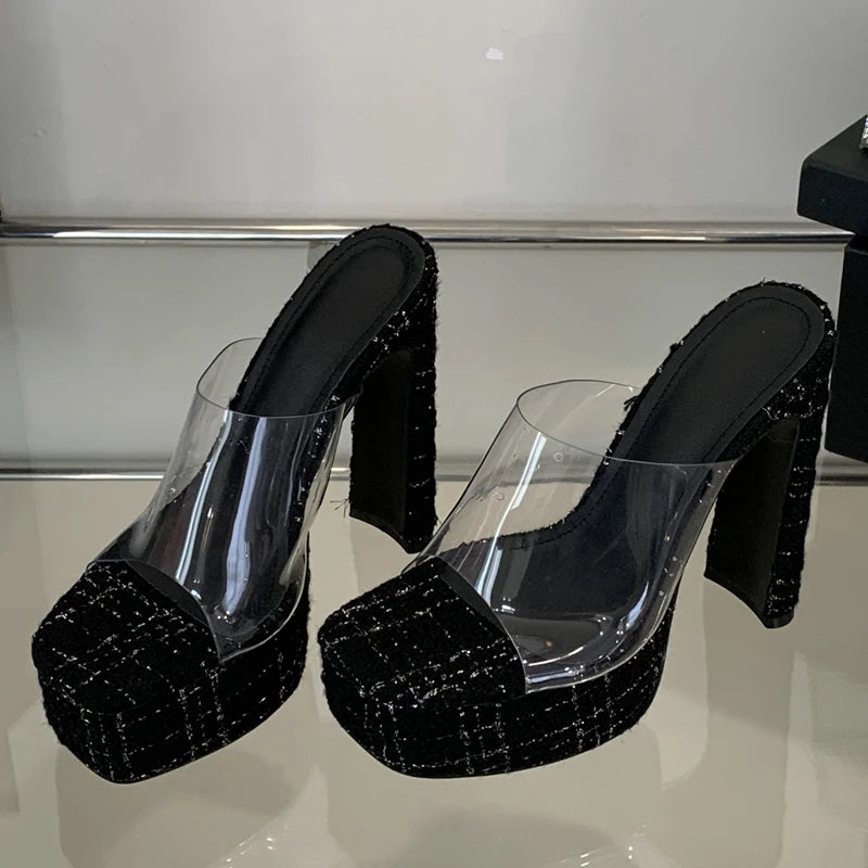 2025 Women's High-Heeled Grid Design Sandals with Anti-Slip Transparent Tape Anti-Slip Slippers Wedges