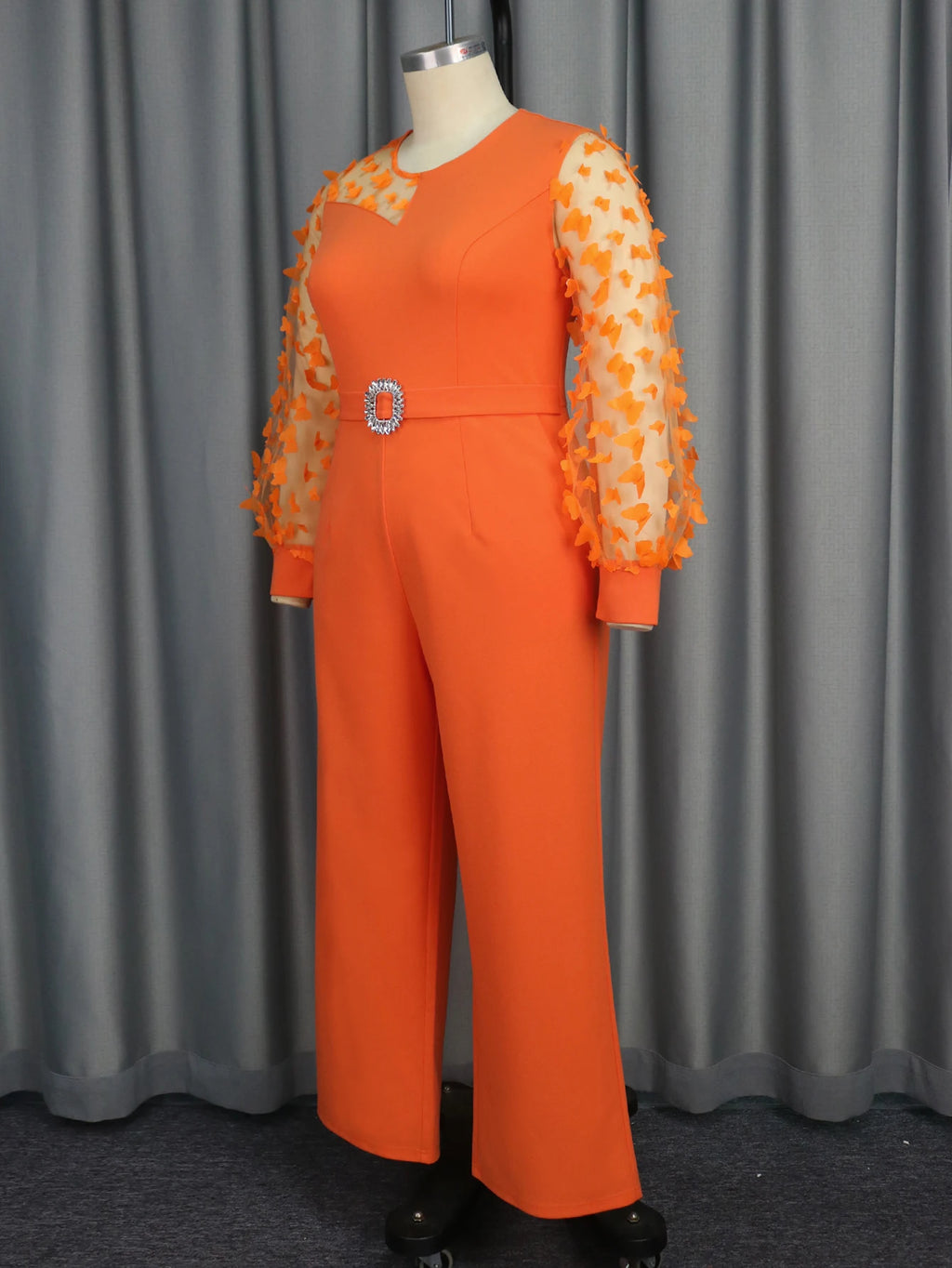 Long Lantern Sleeves Waist Decoration Applique Plus Size Women Jumpsuit