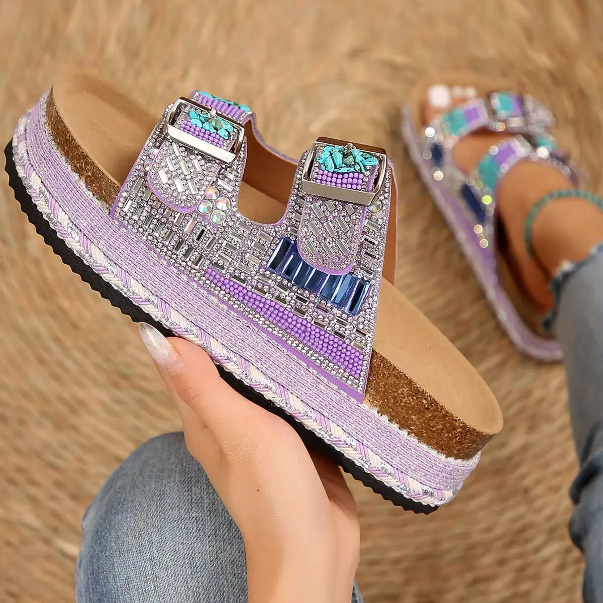 New Summer Flat Sandals Thick Bottom Hemp Rope Double Button Water Diamond Cork Beach Slippers Large Women's Slippers