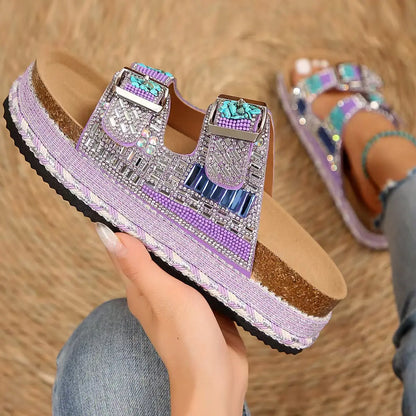 New Summer Flat Sandals Thick Bottom Hemp Rope Double Button Water Diamond Cork Beach Slippers Large Women's Slippers