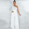 Hot Selling Damen Sexy Einteiler aus Satin mit One-Shoulder und langen Hosen, atmungsaktives Mesh für Partys