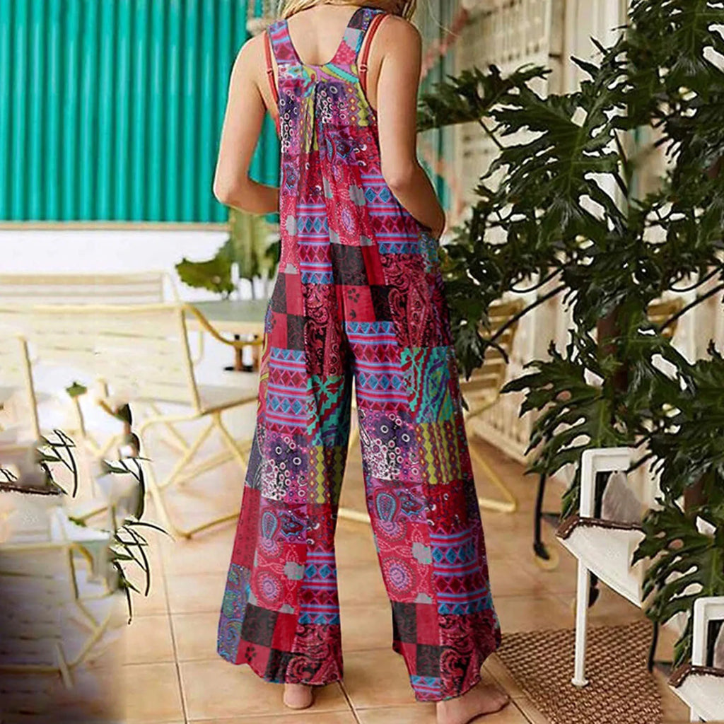 Tute da donna stile etnico tute estive pagliaccetti Casual senza maniche con collo quadrato multicolore con tasche per tuta da ragazza