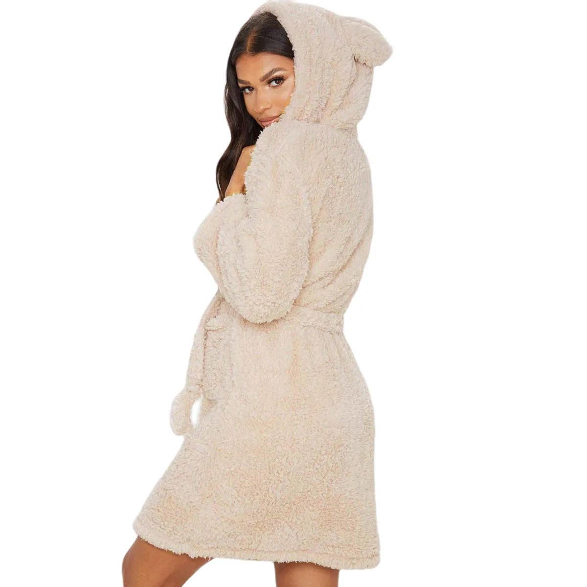Inverno Caldo Casual Vestaglie Donna Orecchio Con Cappuccio Accappatoio Peluche Abito Con Scollo A V Manica Lunga Scialle Kimono Caldo Accappatoi Cappotto